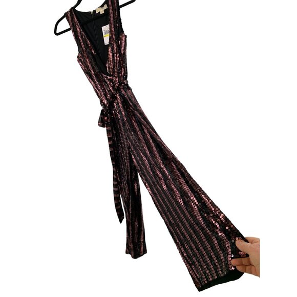 Michael Kors Sequin surplice Jumpsuit M Stretch Crop Wide Leg Sleeveless 7796 - Picture 9 of 16